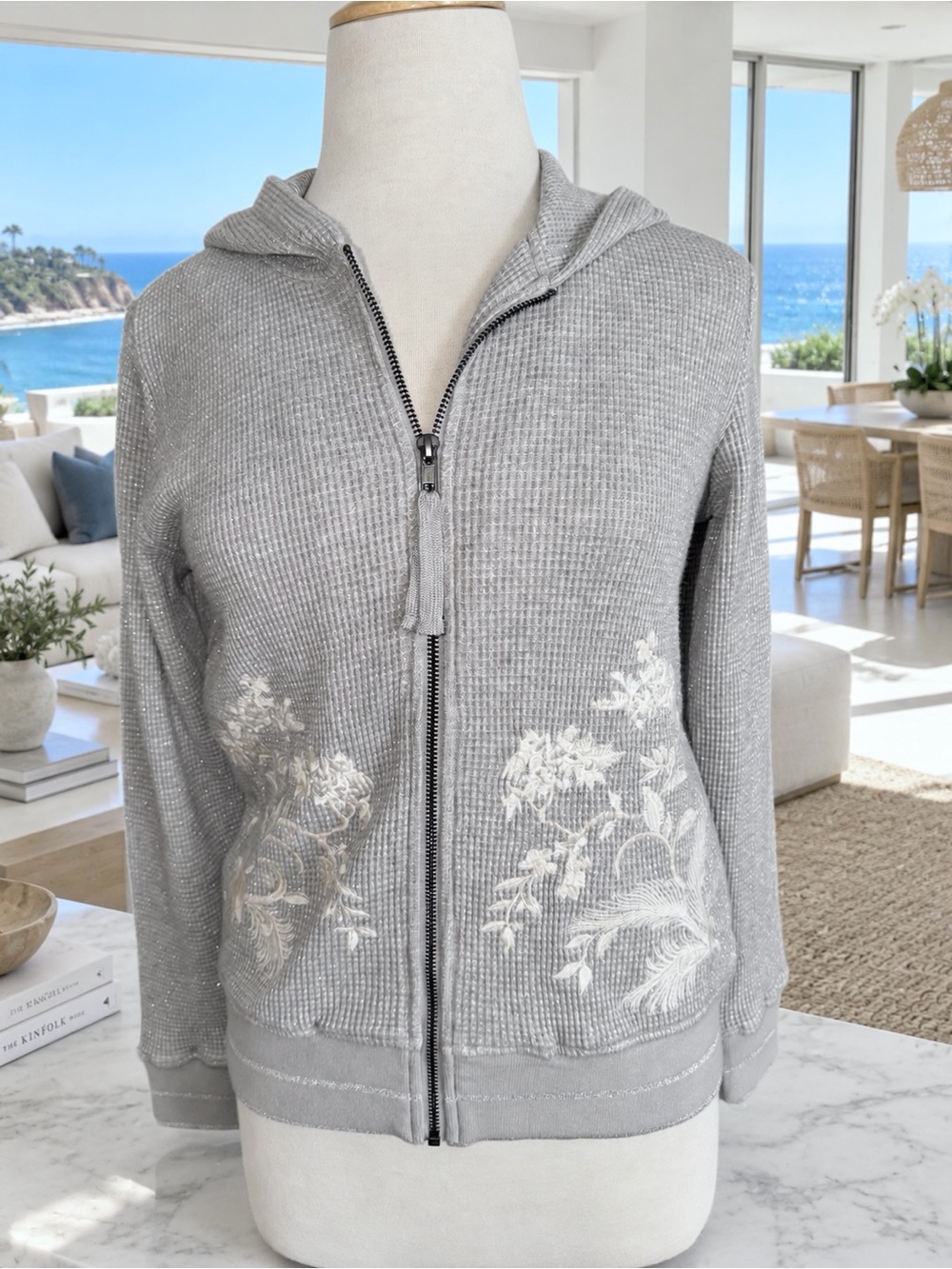Johnny Was Gray Metallic Waffle Knit Embroidered Zip Hoodie NWT S